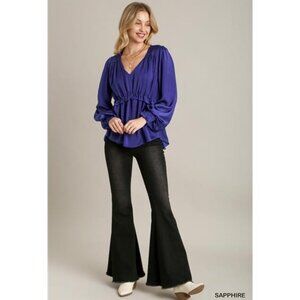 Sapphire Satin V-Neck Ruffle Baby Doll Top With Cuffed Long Sleeve /Women Blouse